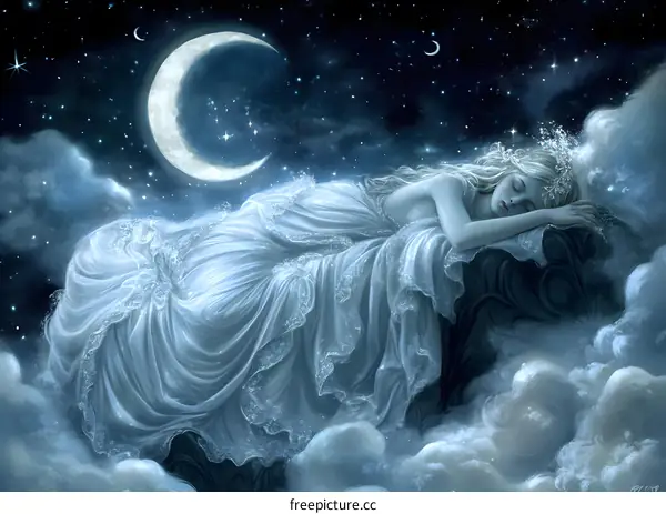 Sleeping Beauty on the Clouds with Crescent Moon and Stars