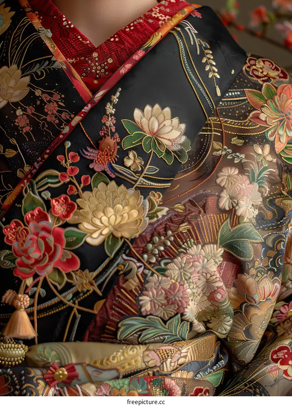 A close-up of a kimono with intricate embroidery