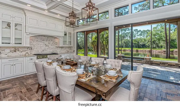 Modern Farmhouse Dining Room With White Cabinets and Large Windows