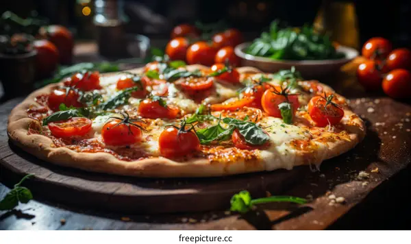 Delicious Pizza with Cherry Tomatoes, Basil, and Melted Cheese