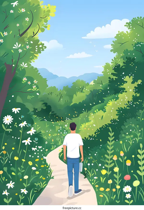 Man Walking on a Path Through a Lush Forest
