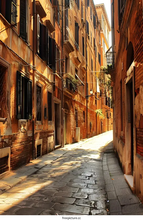 A narrow street with a brick building on the left and a stone building on the right