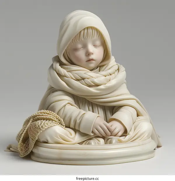 A sculpture of a sleeping child with a serene expression on its face