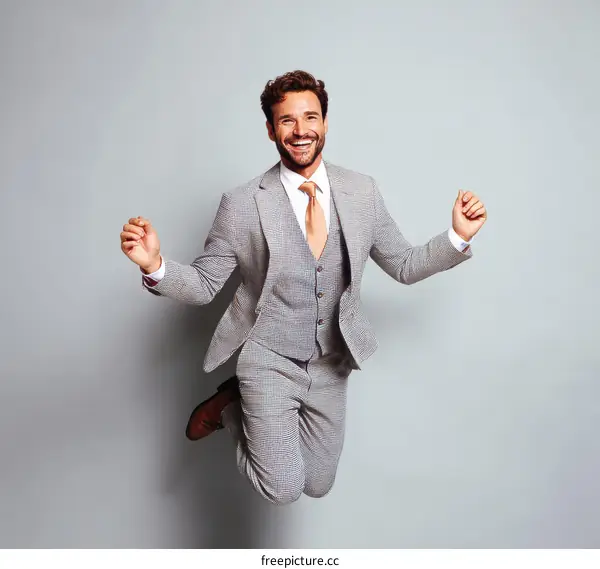 Happy Businessman Jumping in a Gray Suit