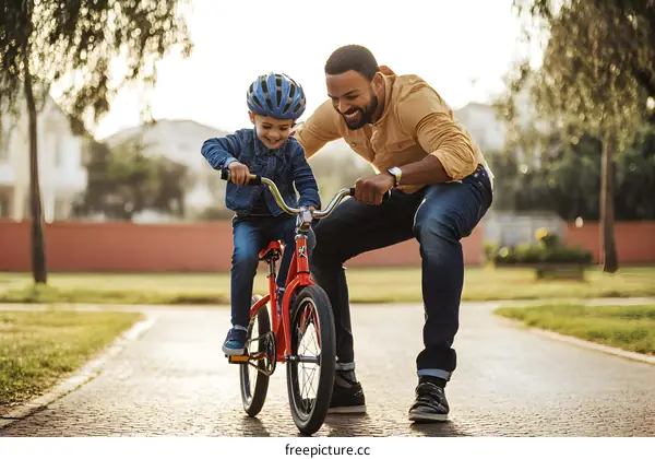 Father Teaches Son To Ride A Bike In The Park