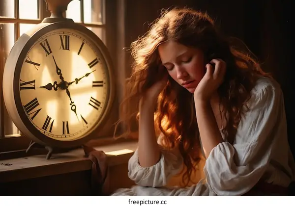 A young woman is sitting in front of a clock. She is wearing a white dress and has long, red hair. She is resting her head on her hands and looks very sad.
