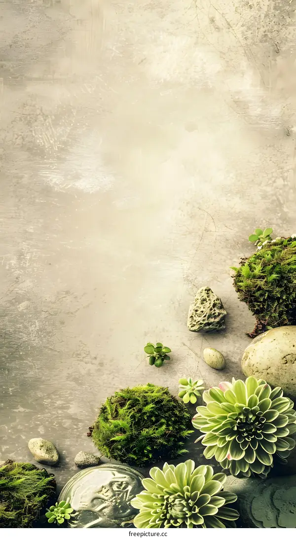 Green Moss Stones and Flowers on Grey Background