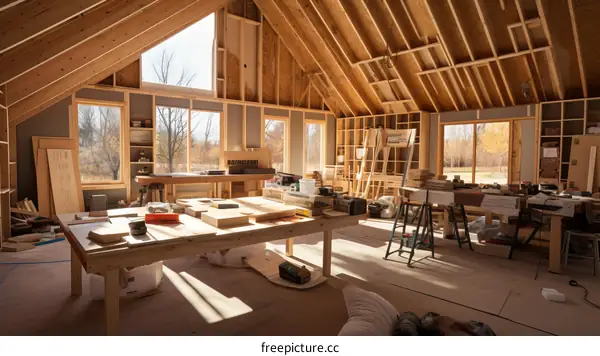 A large room under construction with wooden beams and large windows