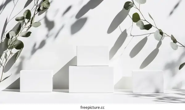 Minimalist White Display Podiums with Eucalyptus Branches