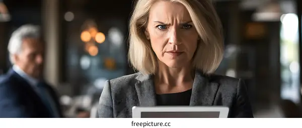Businesswoman Looking Serious at Tablet
