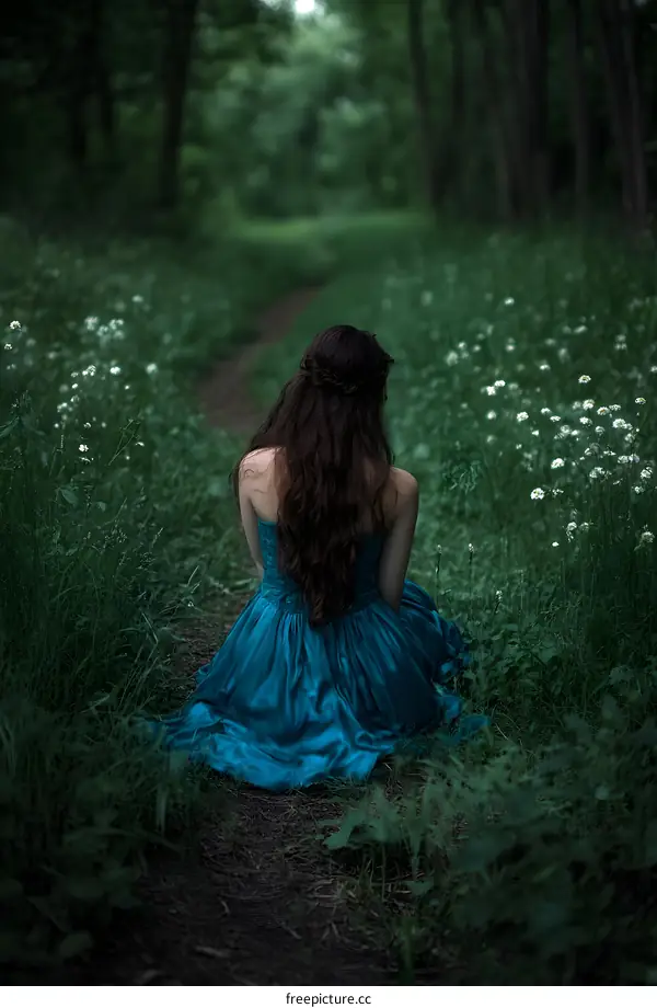 Woman in Blue Dress Sitting on a Path in a Forest