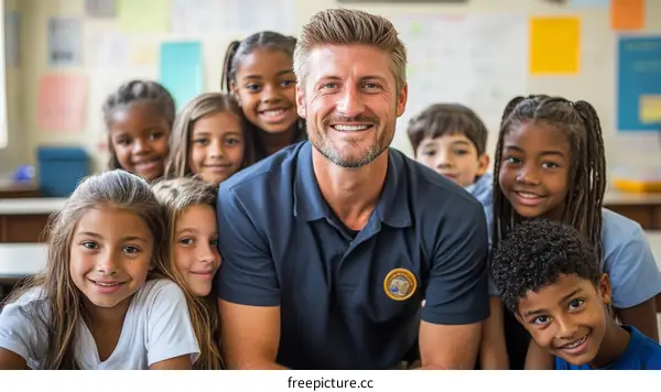 Happy Teacher and Diverse Students in Classroom