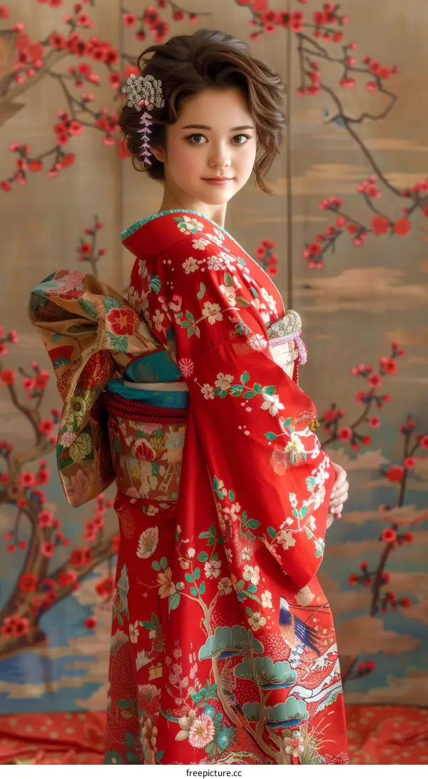 Portrait of a young woman in a red kimono