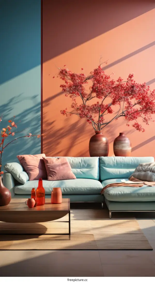 Contemporary Living Room with Blue and Orange Walls, Blue Couch, and Red Tree
