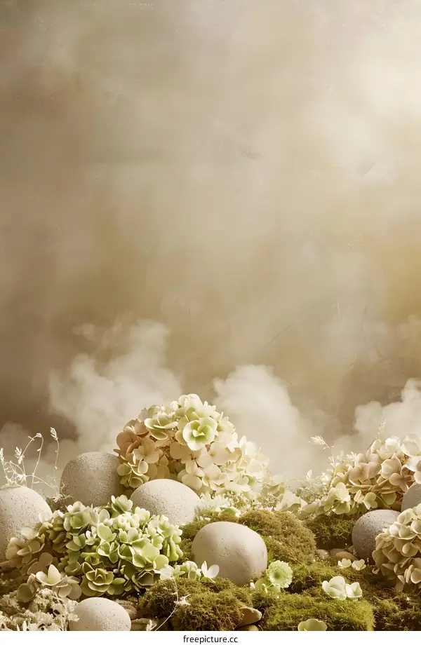 Hydrangeas and Stones on a Brown Background