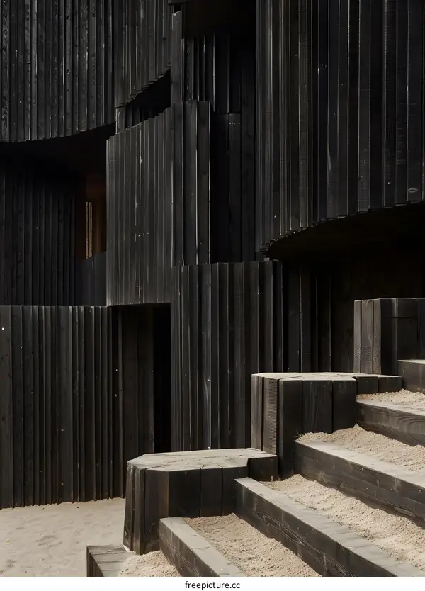 Black Wooden Building With Steps and Sand