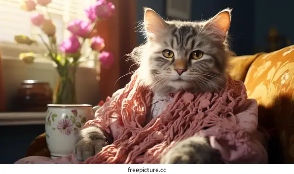Cute Gray Cat Wearing Pink Scarf Relaxing on Couch by Window