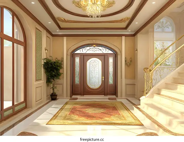 Elegant Foyer Interior Design with Arched Doorway and Grand Staircase
