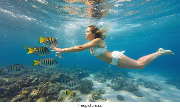 Underwater Woman Swimming with Fish in Coral Reef