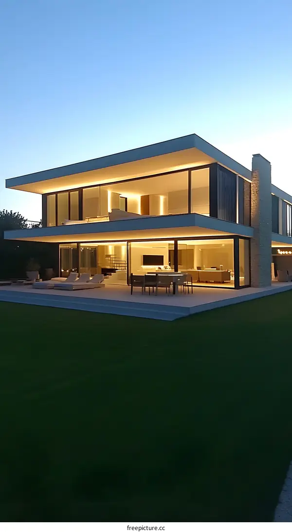 Modern Architecture House With Patio At Dusk