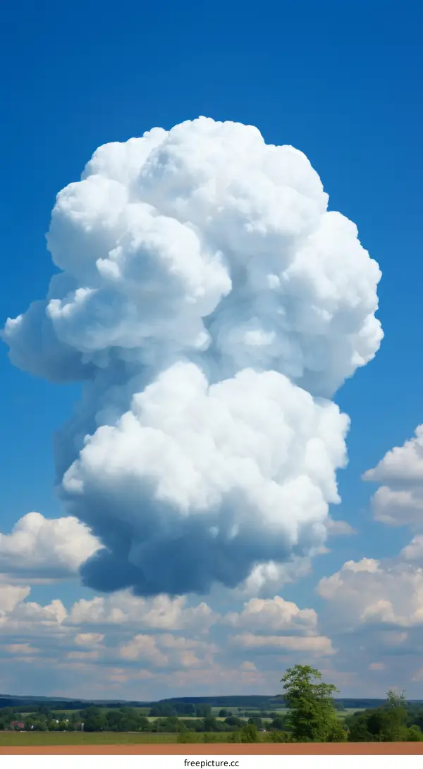 Large white cloudscape with blue sky and green landscape