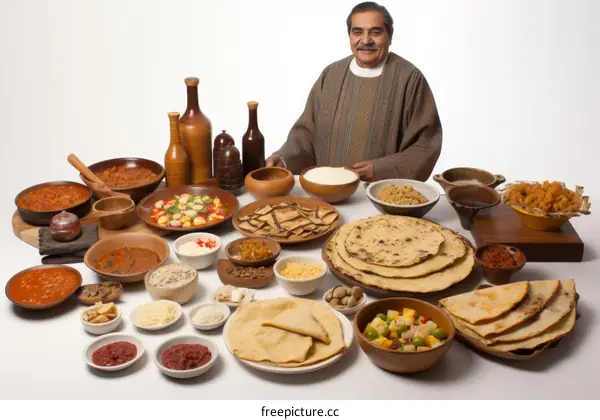 A man stands behind a table full of food from different cultures.