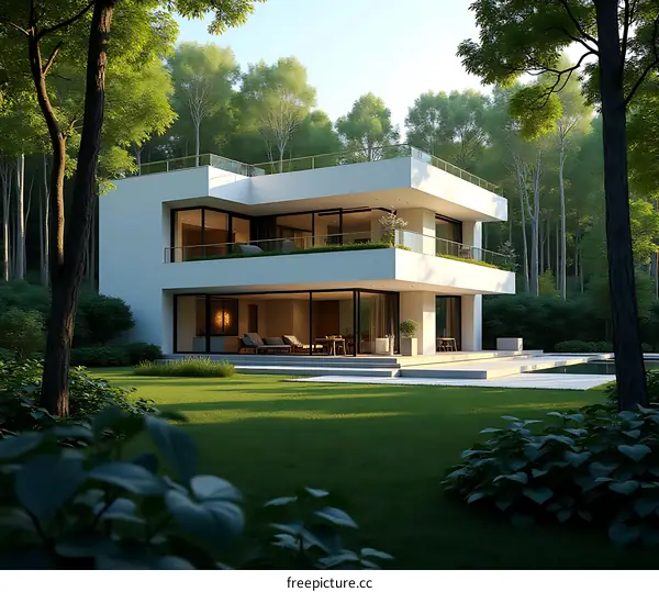 Modern Two Story White House With Swimming Pool in Forest