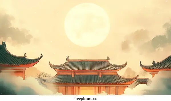 Chinese Traditional Architecture Under the Full Moon
