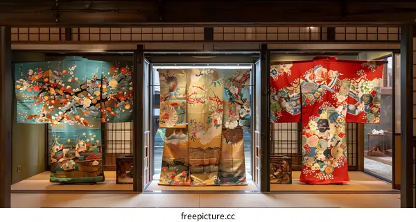 Three colorful kimono robes displayed in a traditional Japanese room