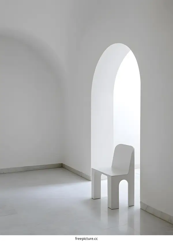 White Chair in Minimalist White Room with Archway