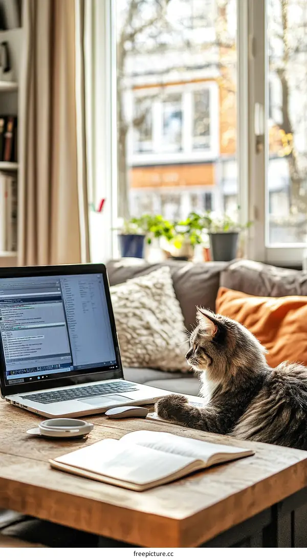 Cozy Home Office with Laptop and Cat