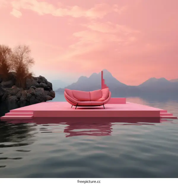 Pink Floating Platform with Couch on Water