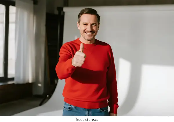 A man in red sweater giving a thumbs up gesture