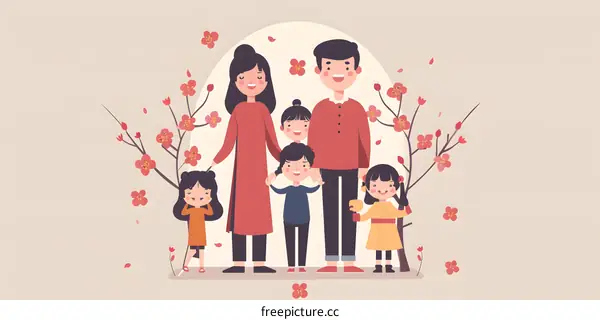 Happy Chinese New Year Family Illustration with Peach Blossoms