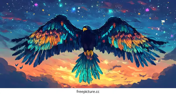 Colorful Eagle with Spread Wings in the Sky