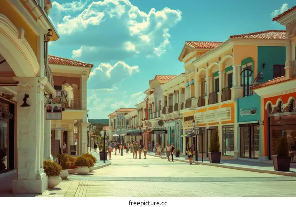 Crowded shopping street with people walking by storefronts