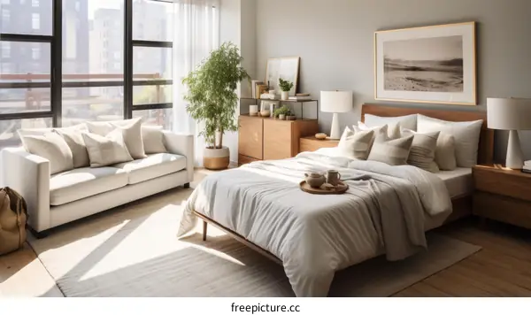 Bright Minimalist Bedroom with Large Bed, Sofa, and Plants