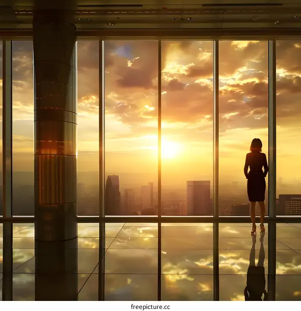 Businesswoman Looking at Sunset City Skyline