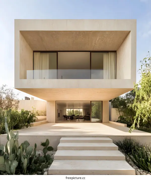 Modern Minimalist House with Stone Exterior and Glass Balcony