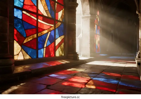 Stained Glass Window with Sunlight Streaming Through Ancient Church Nave