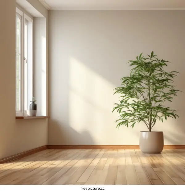 A large potted plant sits in a corner of a room with a large window.