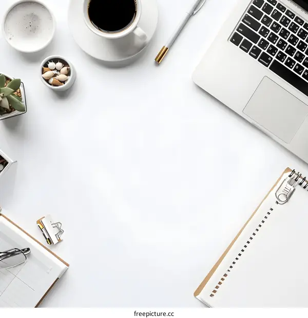 White Desk Top Flat Lay with Coffee and Office Supplies