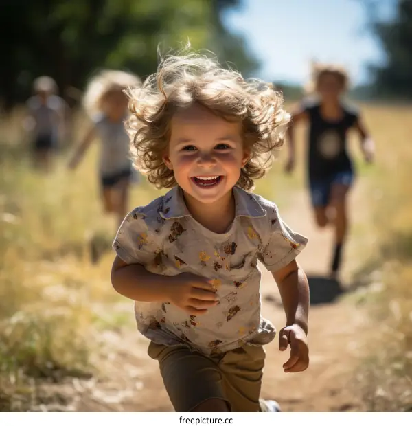 Little boy running in a field with his family