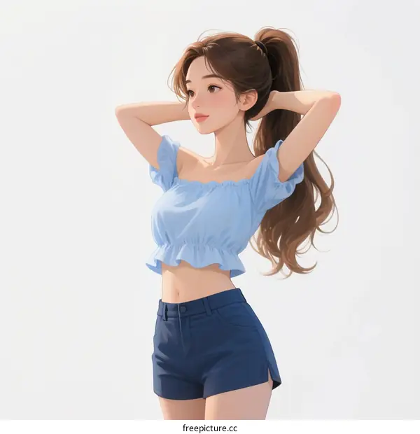 Young woman in blue off-shoulder top and dark blue shorts