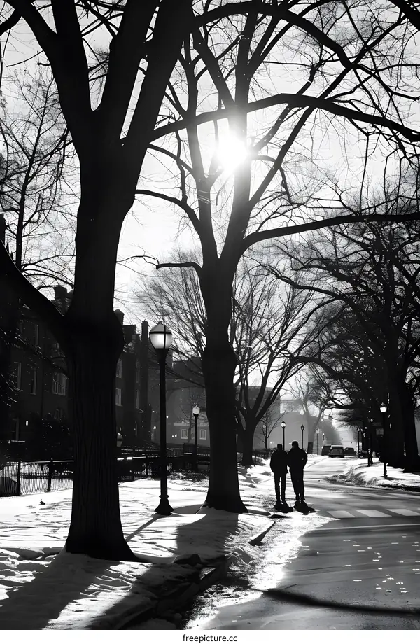 Two People Walking in the Snow on a Sunny Winter Day