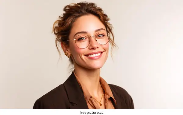 Smiling Woman with Glasses in Brown Blazer