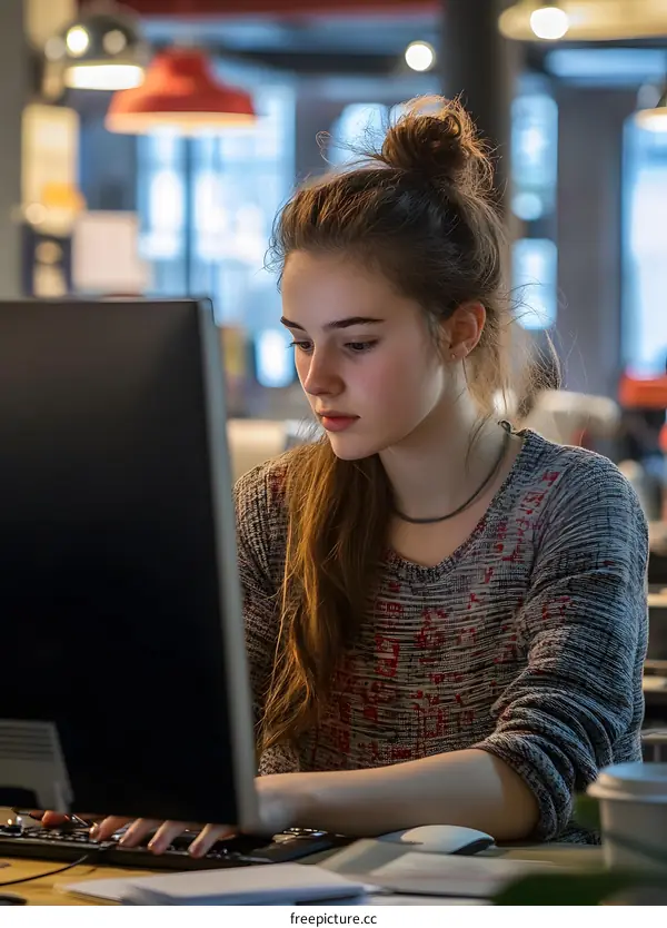 Young Woman Working On Computer In Modern Office