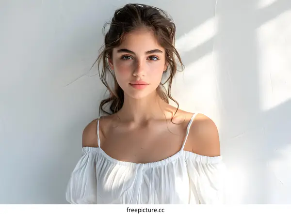 Beautiful Young Woman With Freckles Posing Against White Wall