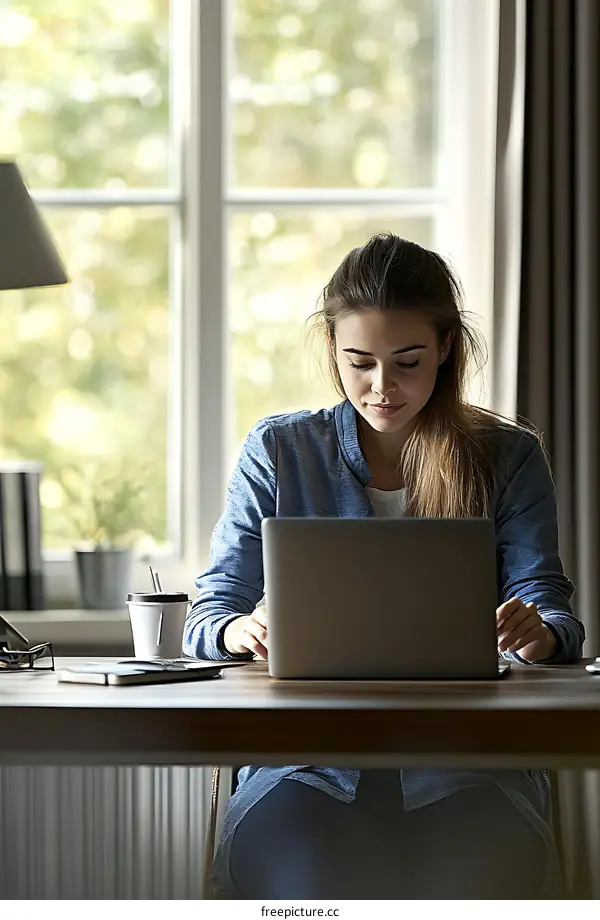 Young Woman Working on Laptop at Home