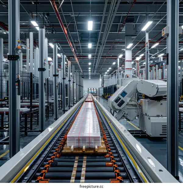 Automated production line with robotic arm in modern factory